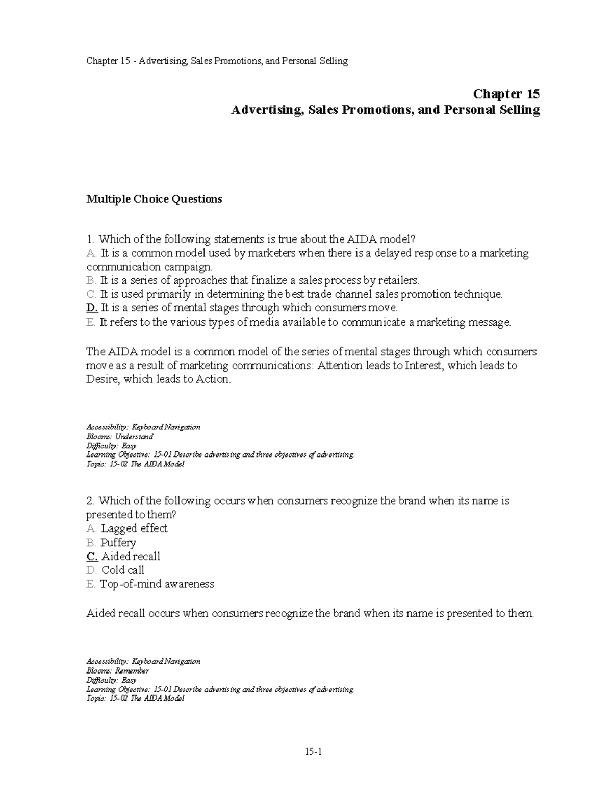 Chapter 15: Advertising, Sales Promotions, and Personal Selling MCQs ...