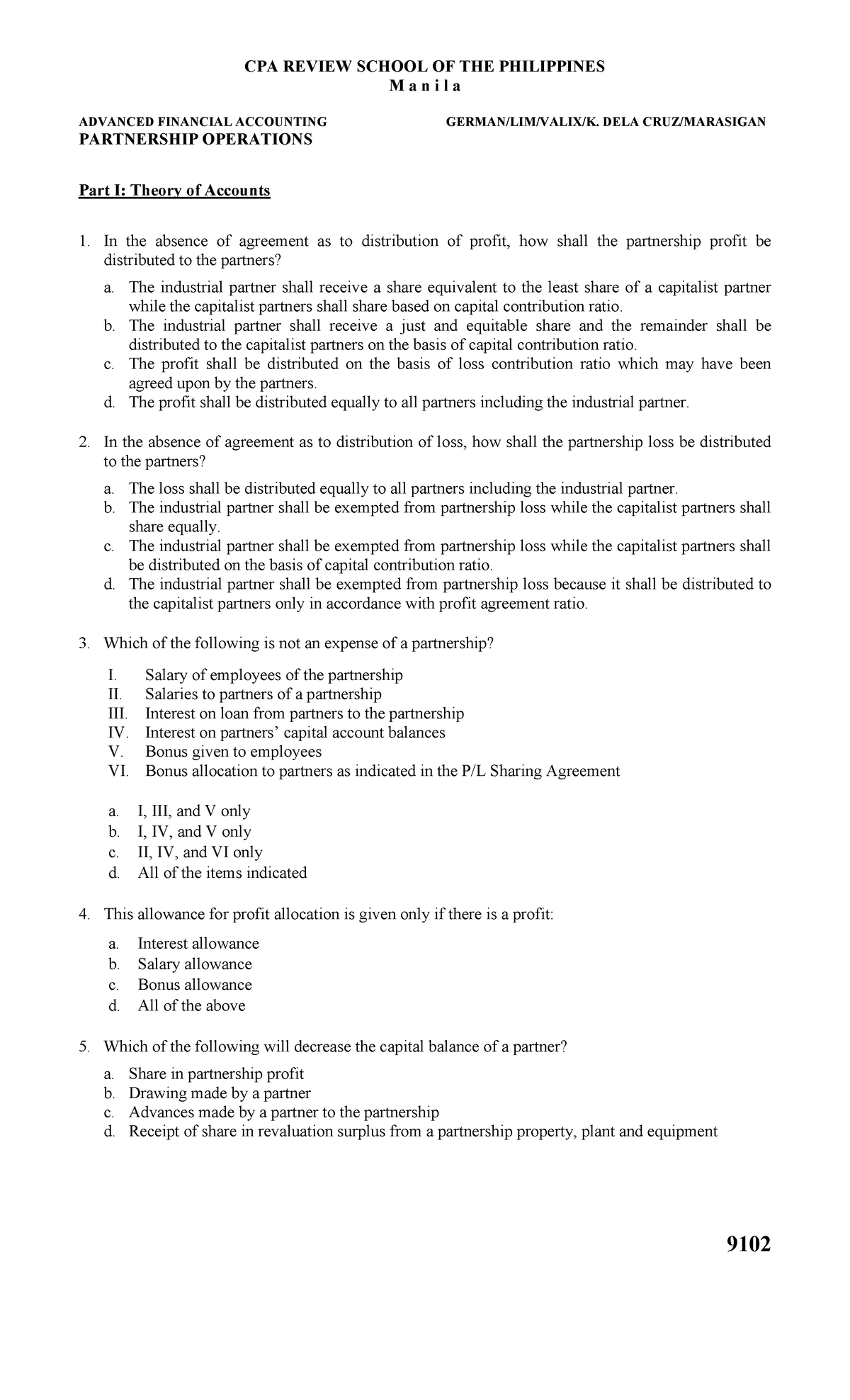 9102 - Advanced Financial Accounting: Partnership Operations Notes ...