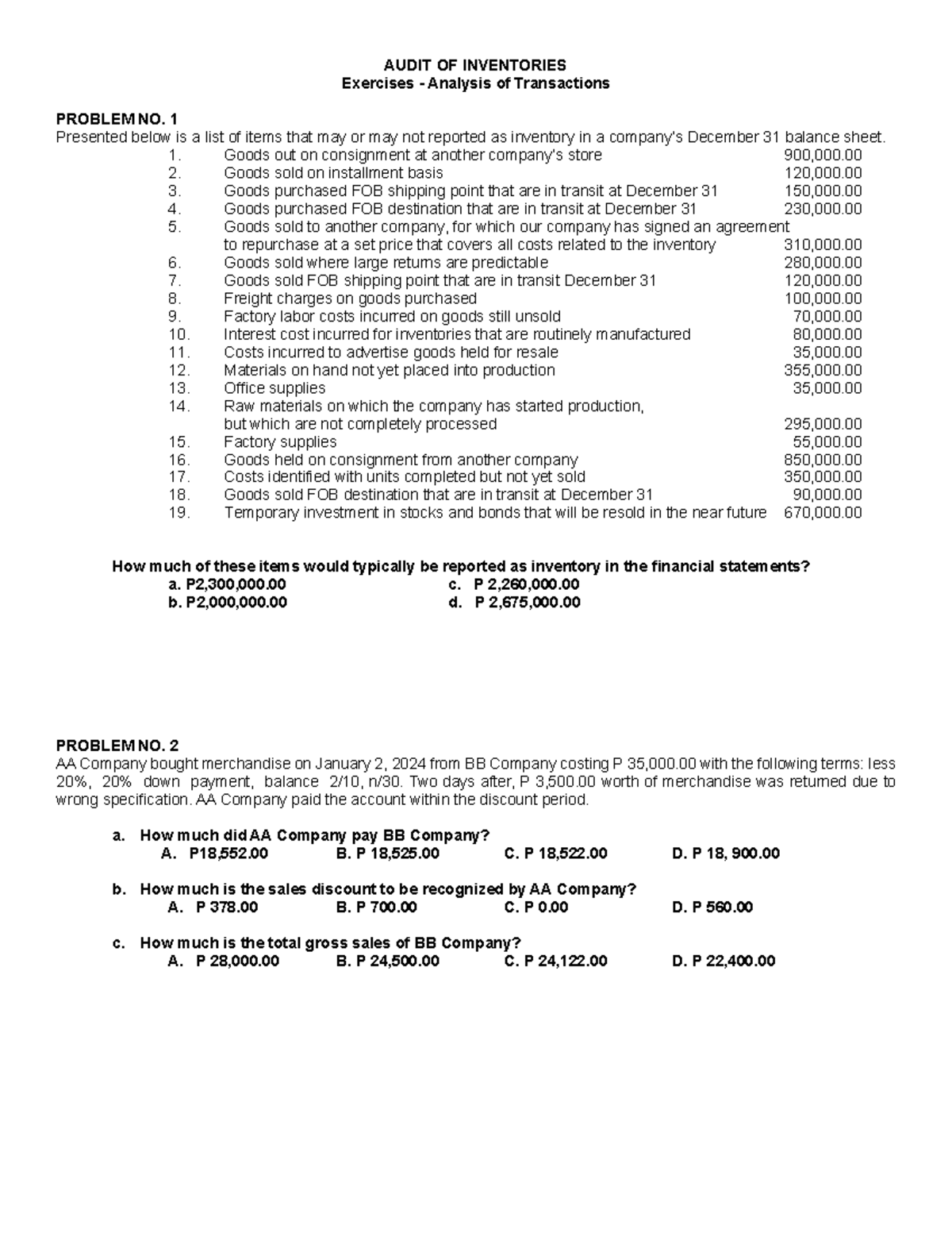 Title: Final Exam Practice Problems on Audit of Inventories (ACCT 201 ...