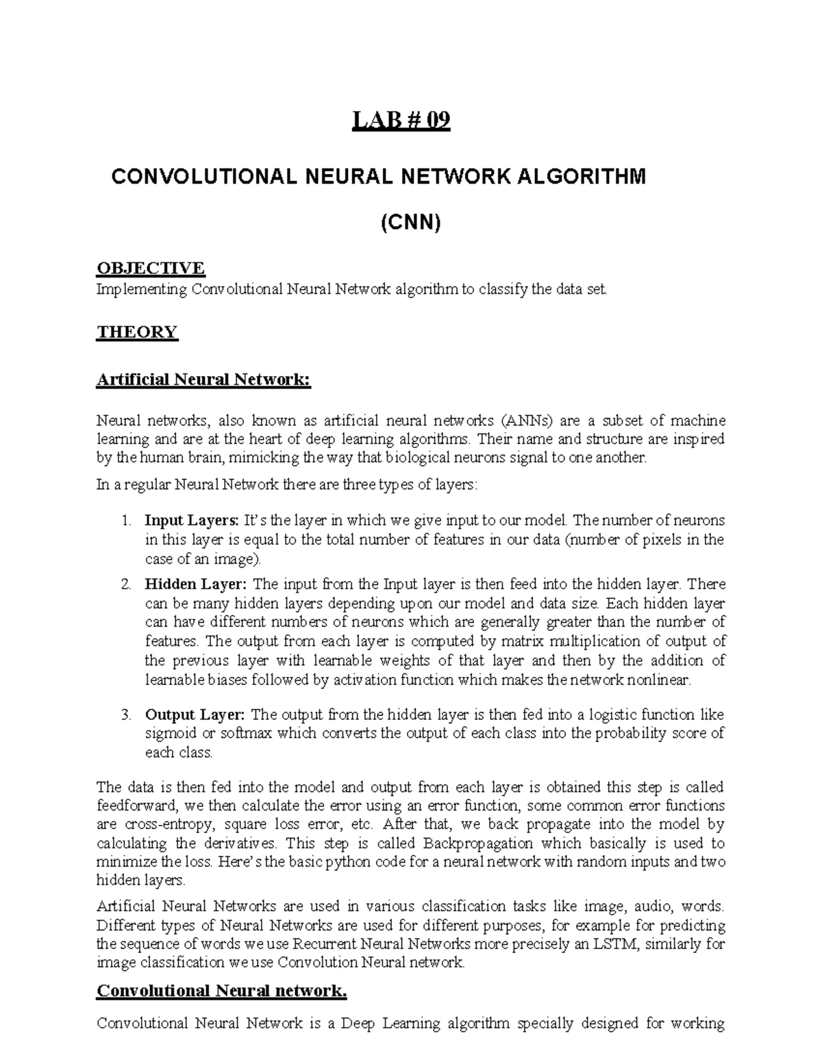 LAB 09 - Convolutional Neural Network Implementation Guide - Studocu