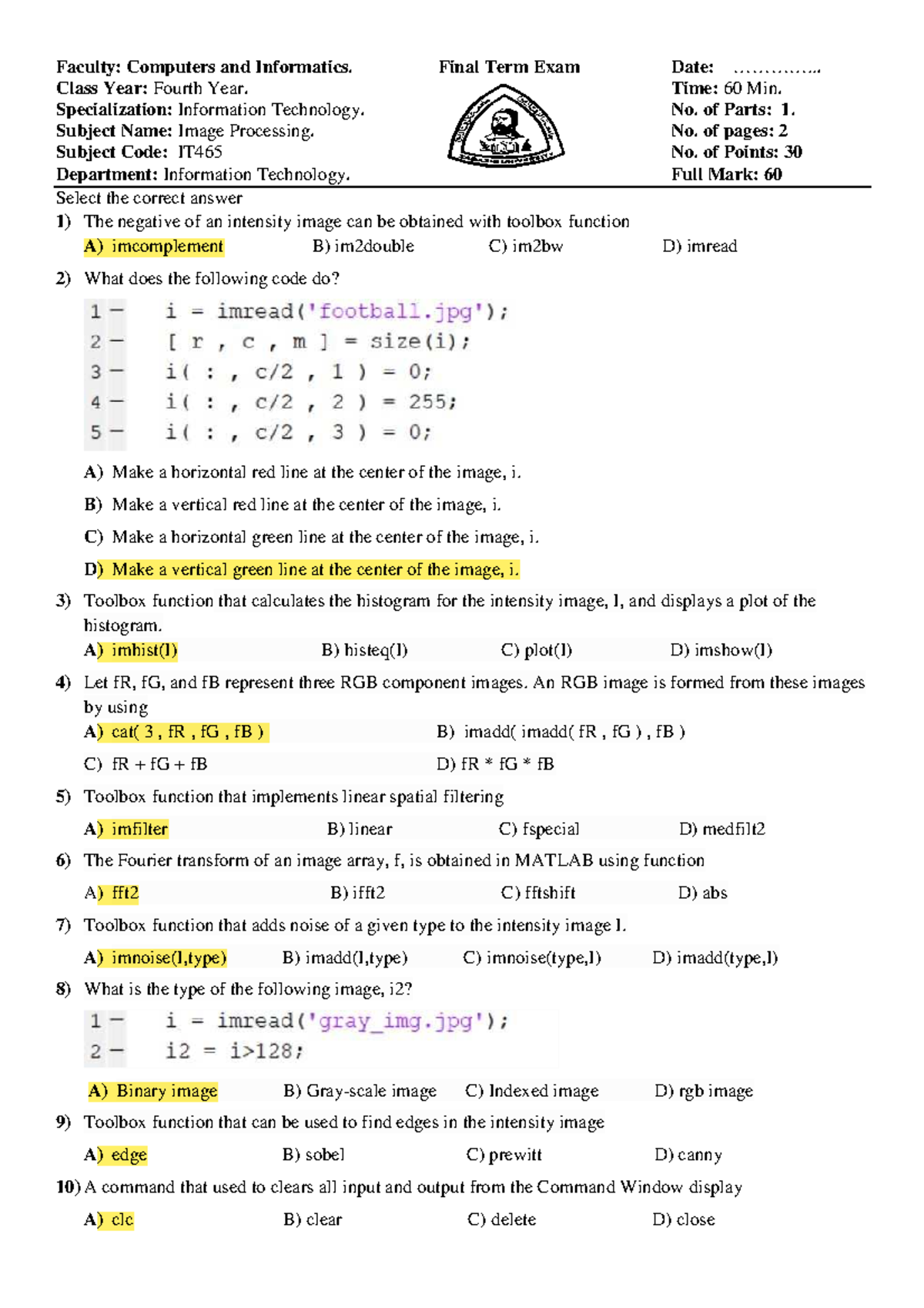 Samle Practice 2 - Faculty: Computers and Informatics. Final Term Exam ...