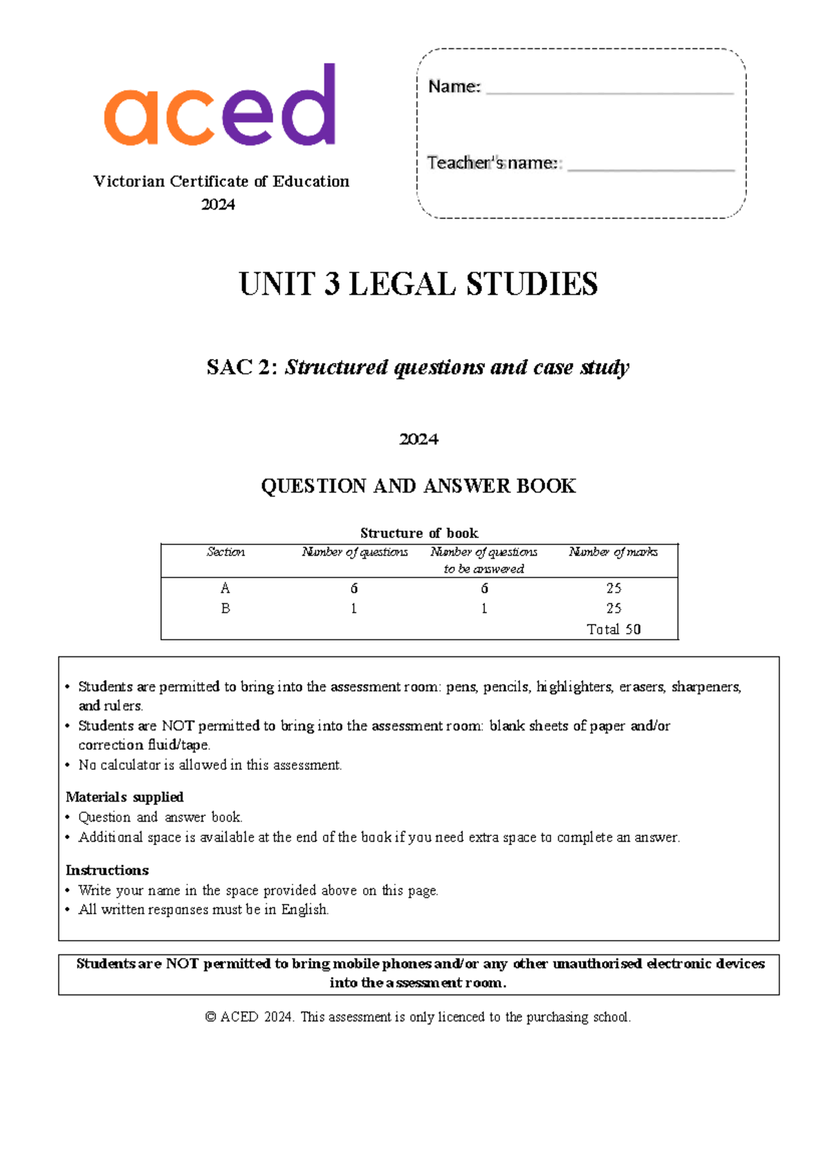 2024 ACED Unit 3 Legal Studies SAC 2: Structured Q&A & Case Study Guide ...