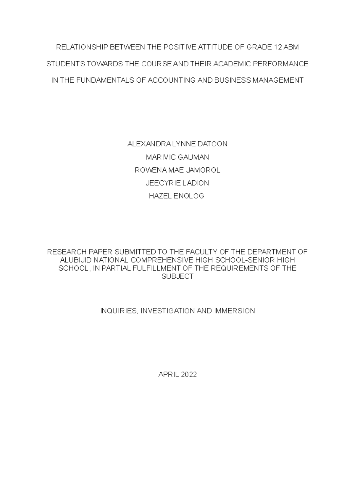 Research on Grade 12 ABM Students' Mindset and Accounting Performance ...