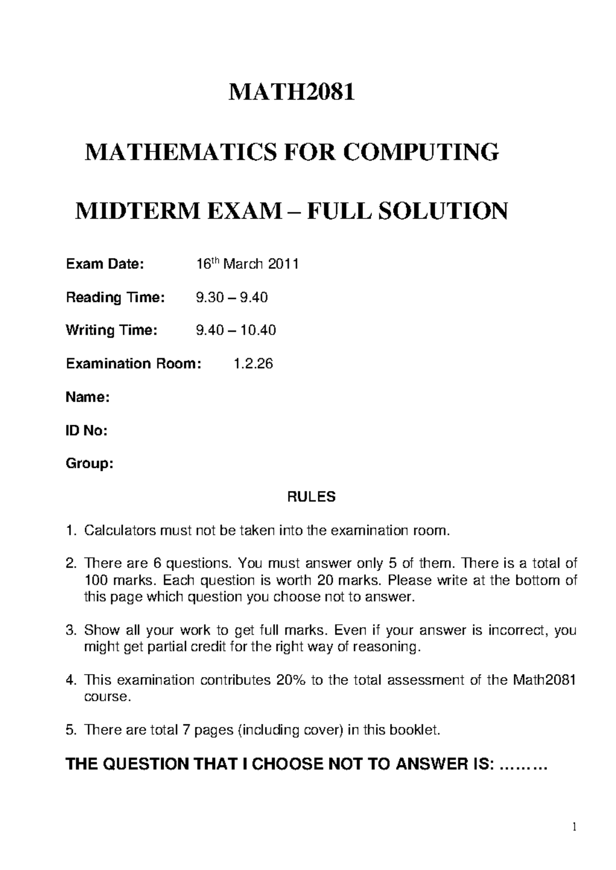 Exam 16 march 2011, questions and answers - MATH MATHEMATICS FOR ...