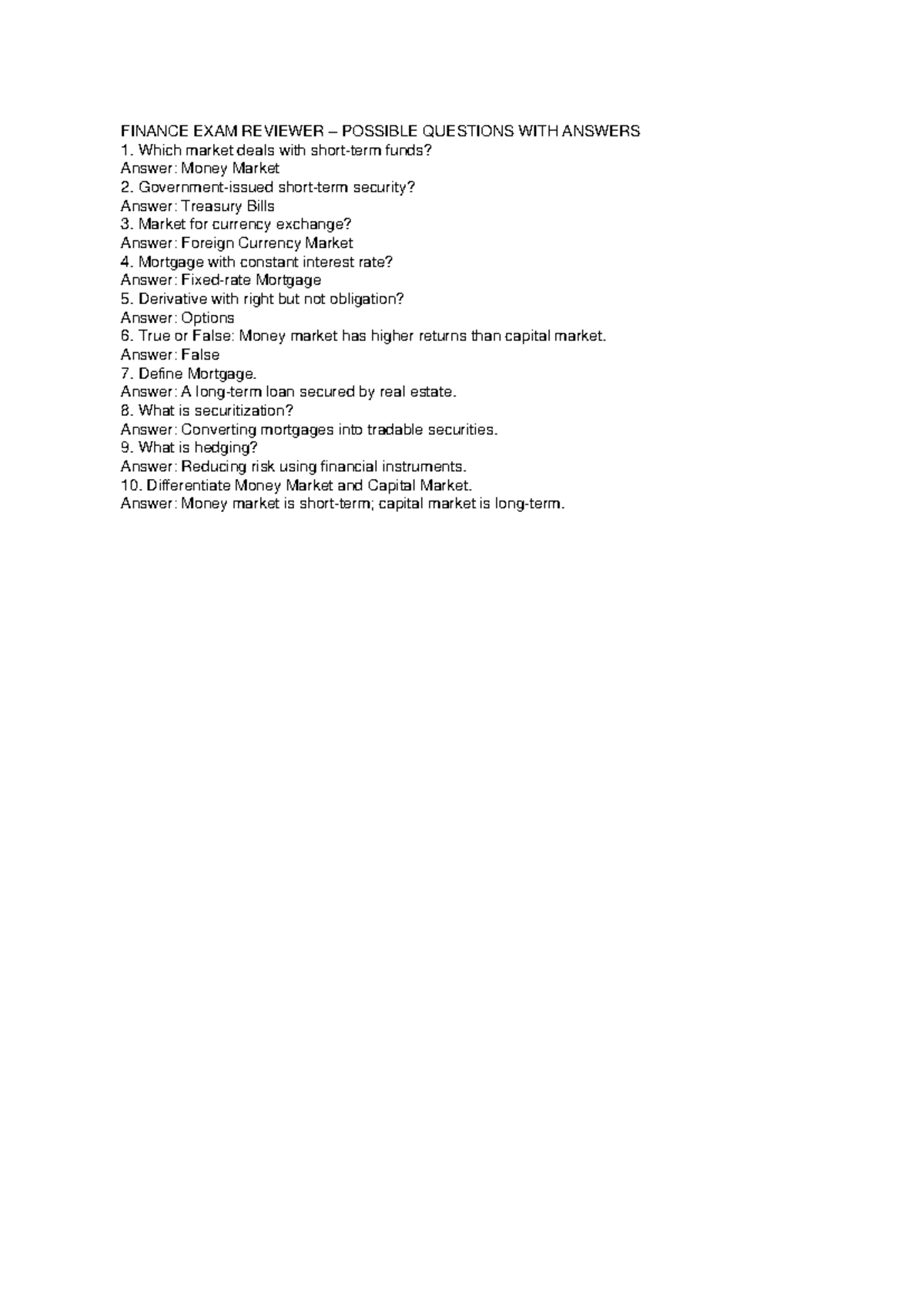 FINANCE 101 FINAL EXAM REVIEWER: QUESTIONS & ANSWERS - Studocu
