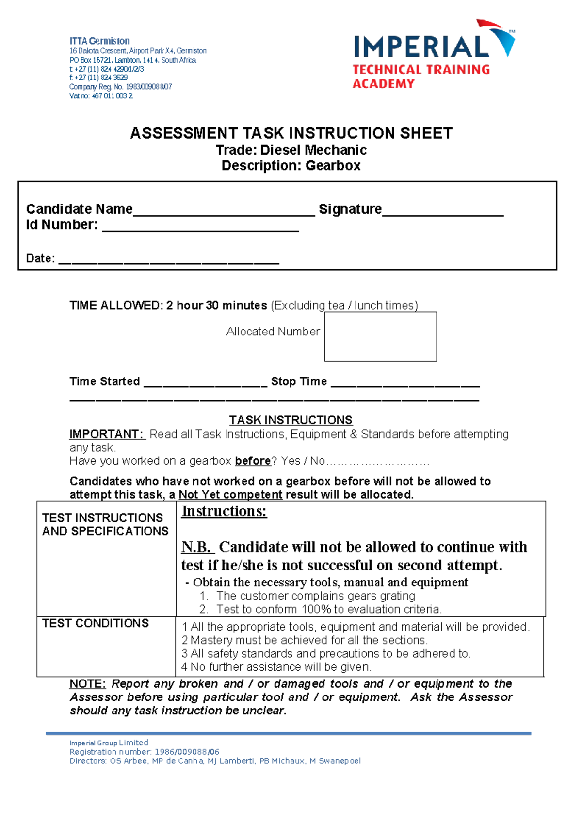 Assessment Task: Diesel Mechanic Gearbox - DOC-2018 1106-WA0018 - Studocu