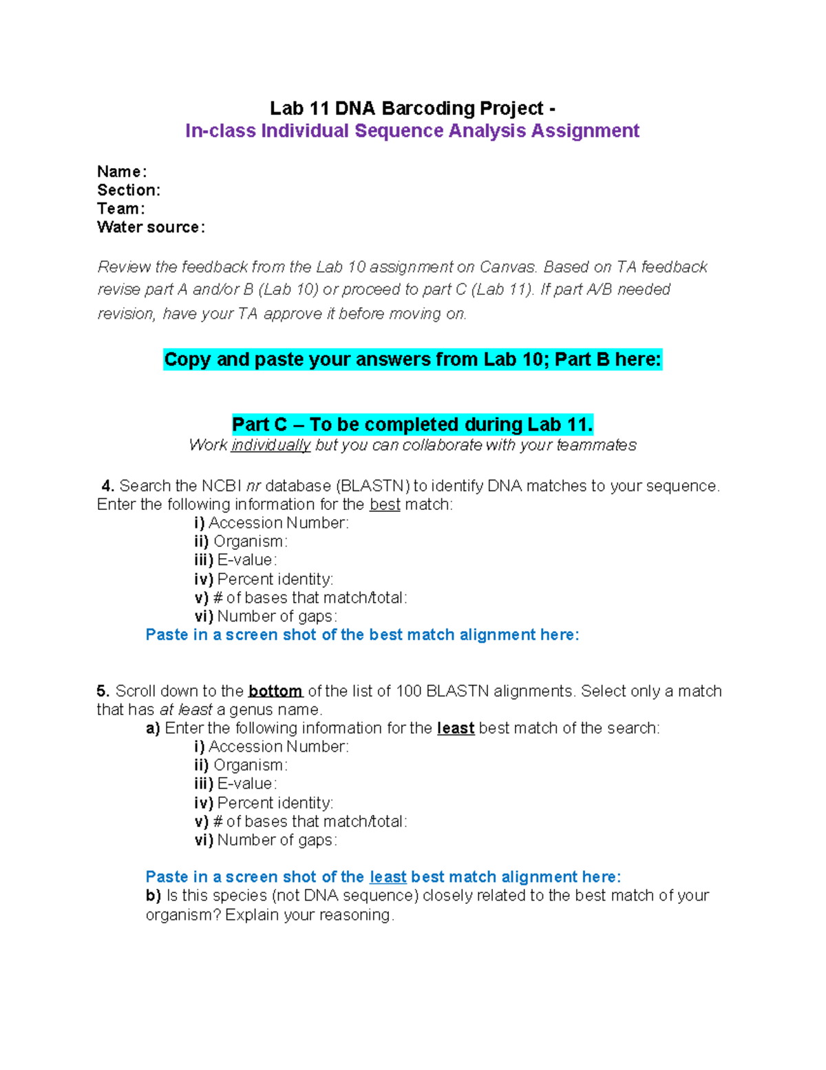 Lab 11 DNA Barcoding Project: Individual Sequence Analysis - Studocu