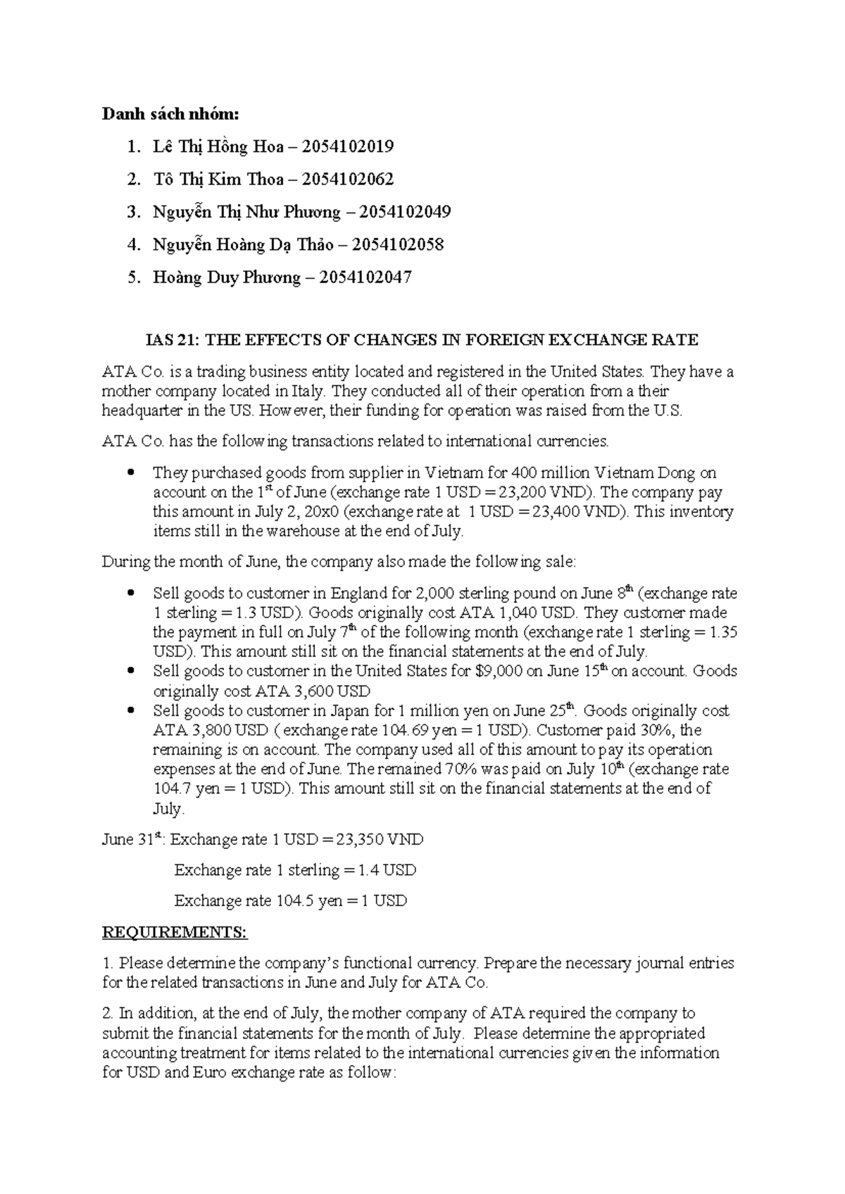 IAS 21: Effects of Foreign Exchange Rate Changes - ATA Co. Analysis ...