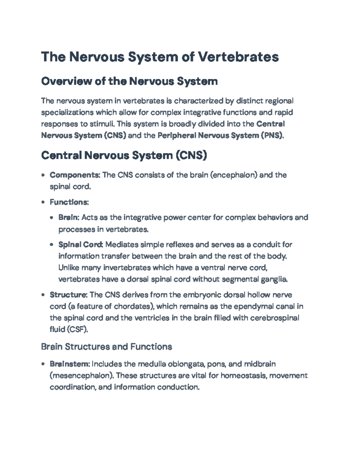 Comprehensive Overview of Vertebrate Nervous System (BIO 101) - Studocu