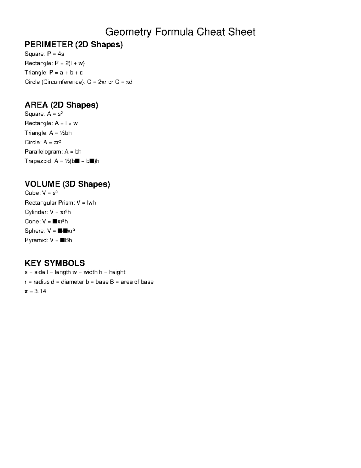 Geometry Formula Cheat Sheet - Geometry Formula Cheat Sheet PERIMETER ...