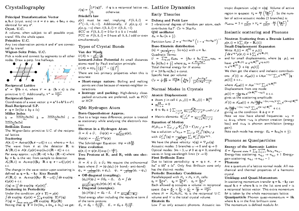 Solid State Physics Formulary: Crystallography & Lattice Dynamics (PHYS ...