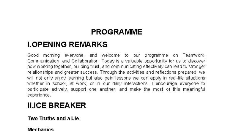Diass TEAM Building Program: Activities on Trust & Collaboration - Studocu