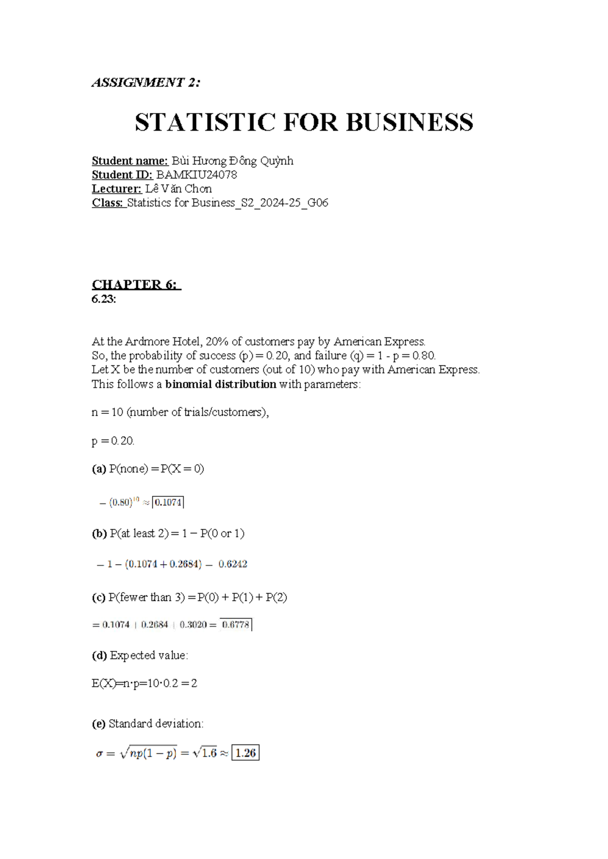 ASSIGNMENT 2: STATISTICS FOR BUSINESS - HOMEWORK ANSWERS - Studocu