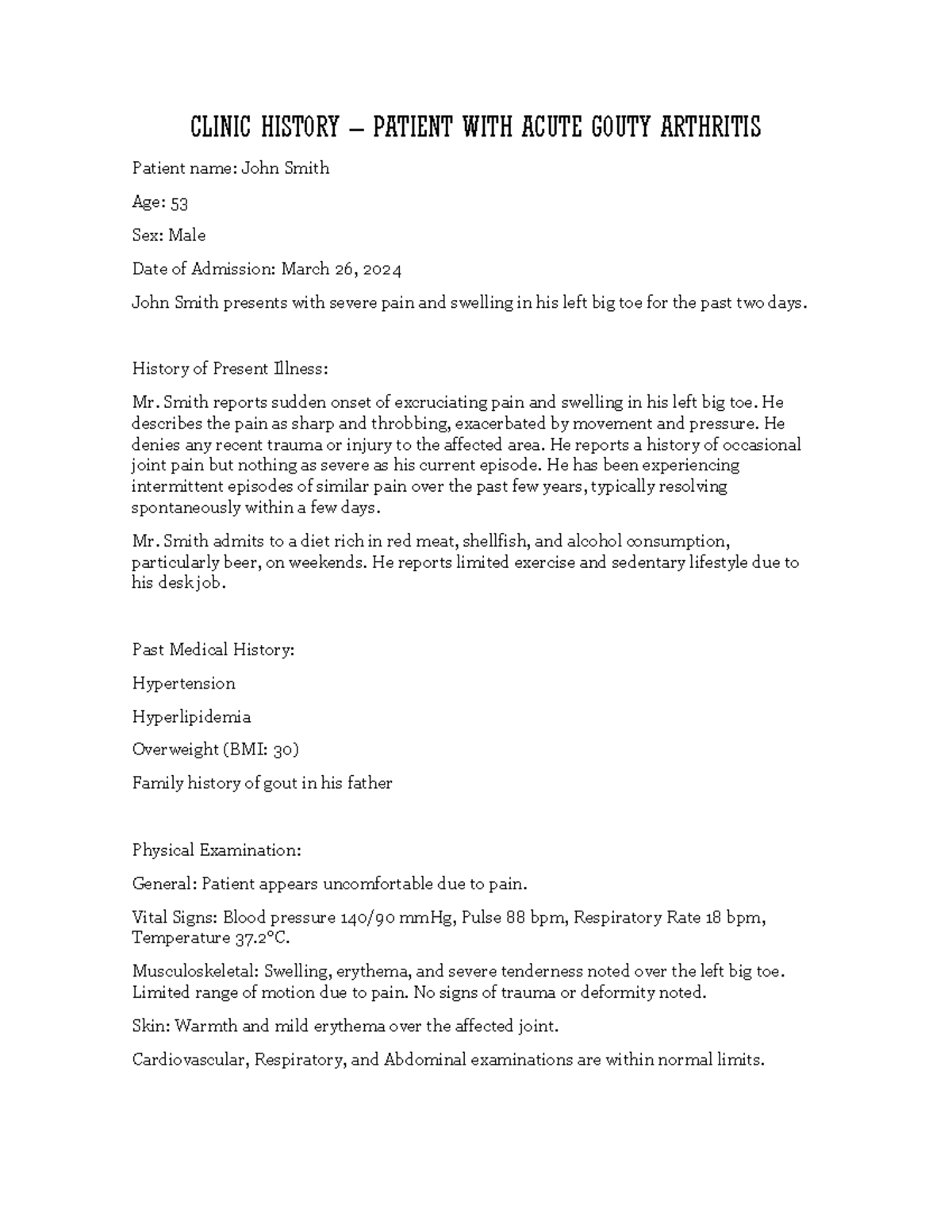 Acute Gouty Arthritis Case Study: Clinic History of John Smith - Studocu