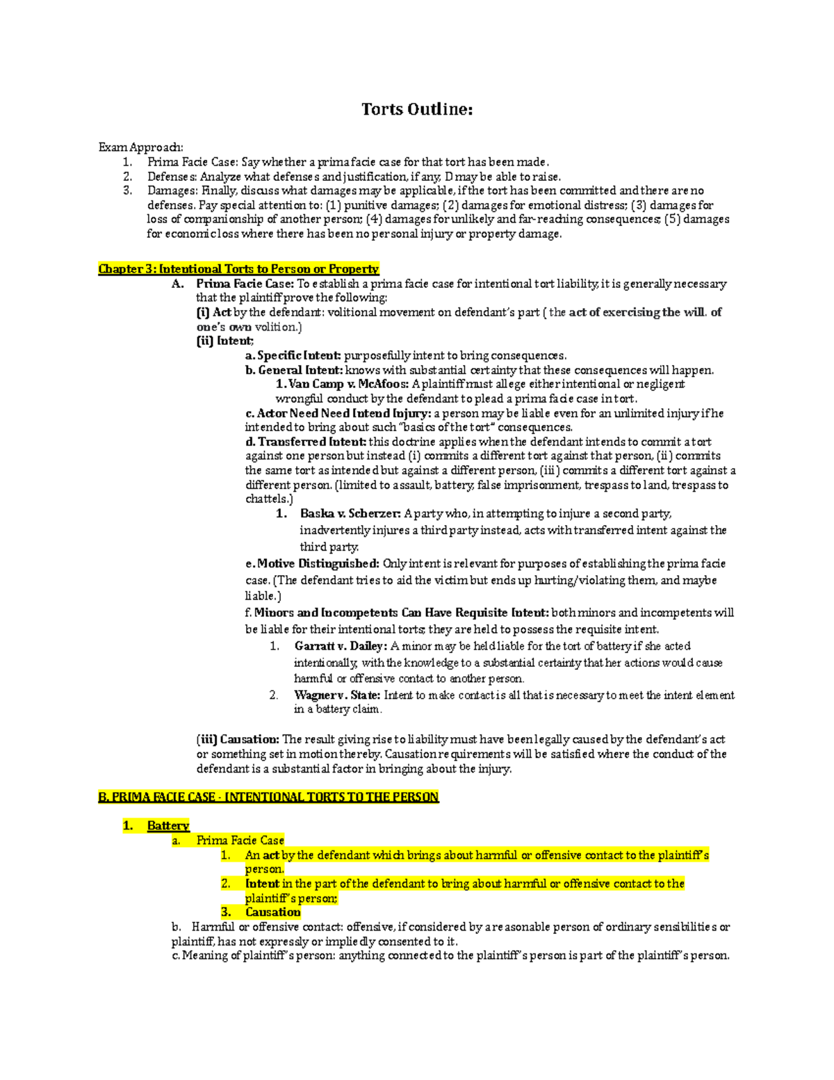 Torts Exam Outline: Understanding Intentional Torts and Defenses - Studocu