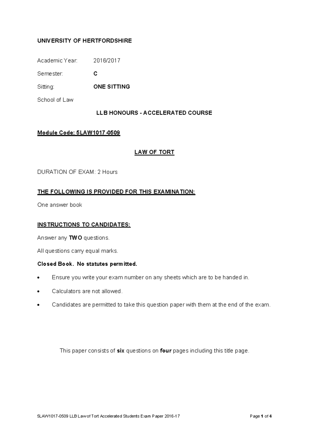 5LAW1017-0509 LLB Law of Tort Accelerated Students Exam Paper 2016-2017 ...
