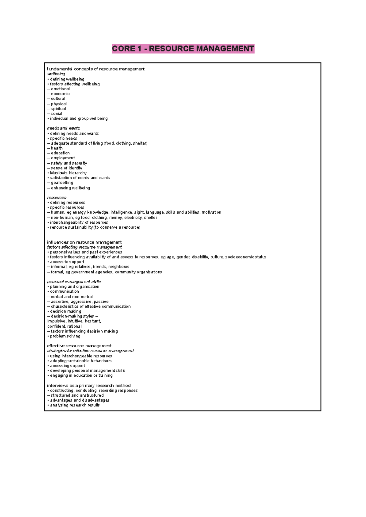 CAFS study notes - CORE 1 - RESOURCE MANAGEMENT fundamental concepts of ...