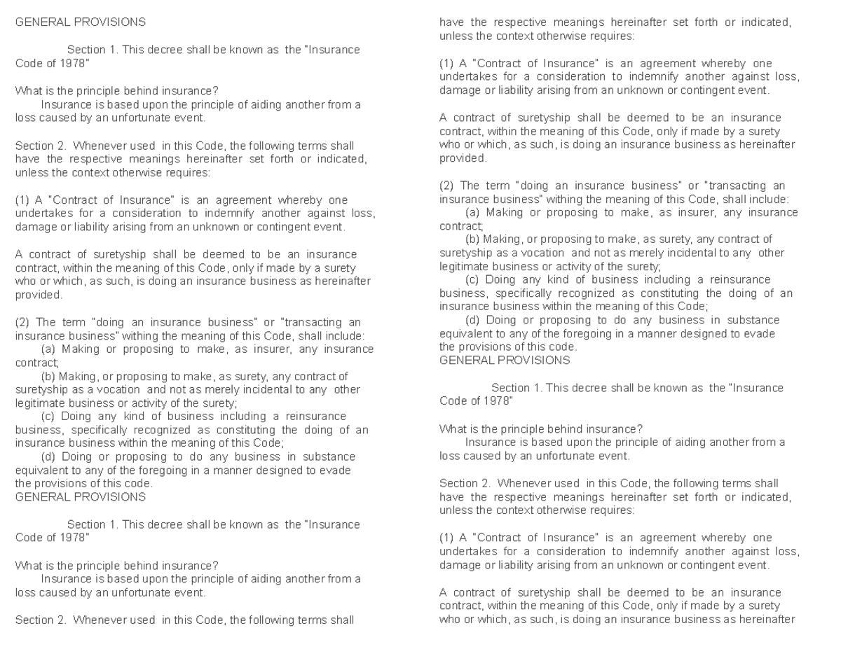 Contract of insurance - title 1 2 and 3 - GENERAL PROVISIONS Section 1 ...