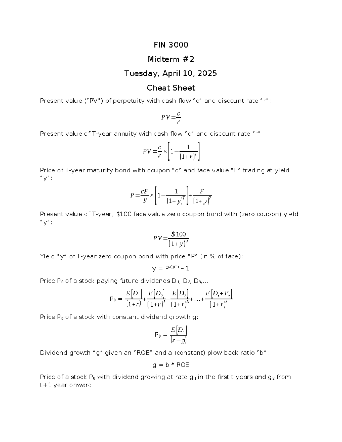 FIN 3000 Midterm 2 Cheat Sheet: Key Concepts & Formulas - Studocu