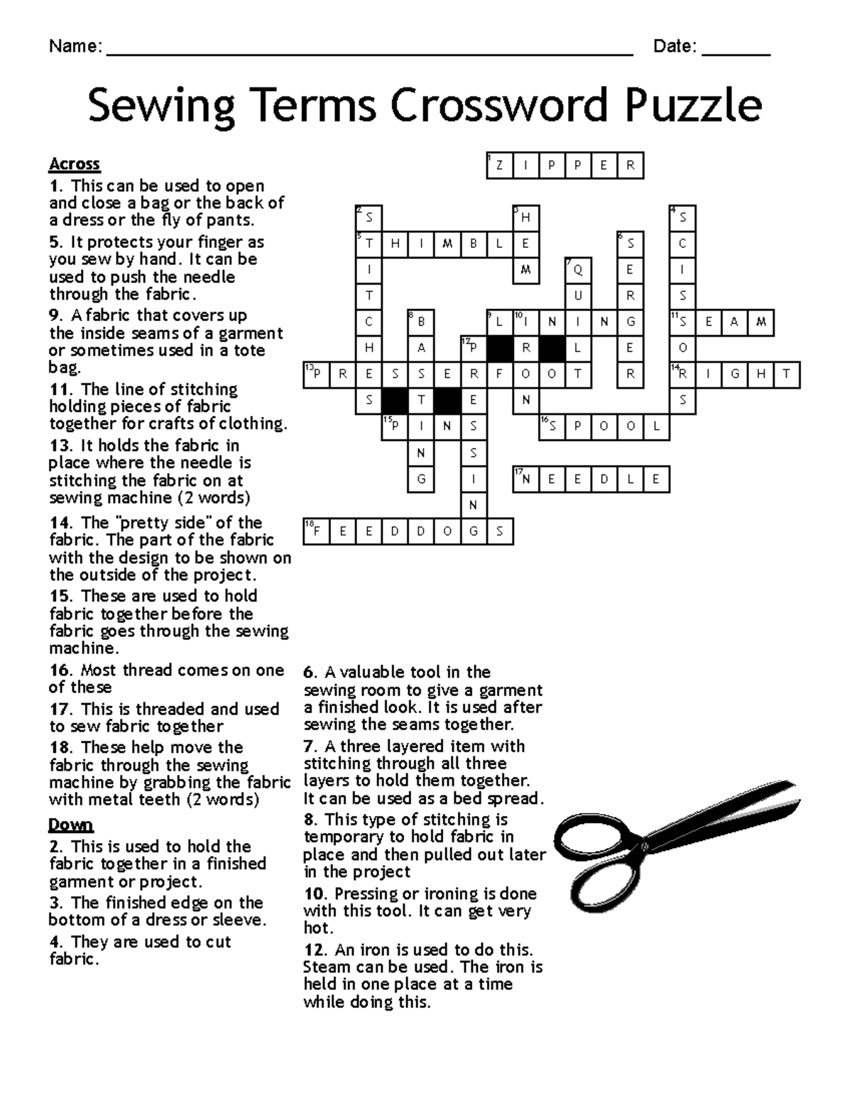 Sewing Terms Crossword Puzzle answer key - Name: - Studocu