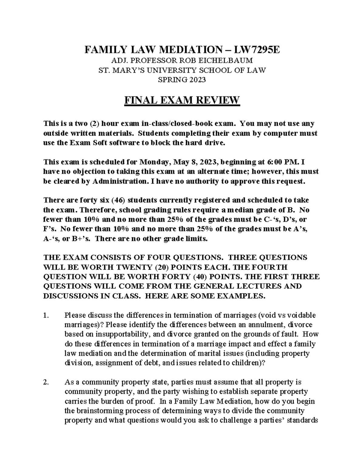 LW7295E Family Law Mediation Final Exam Review - Spring 2023 - Studocu
