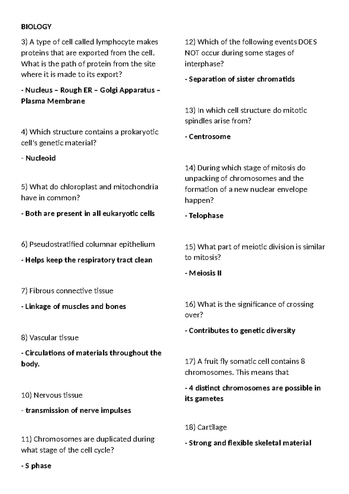 Biology Lecture Notes: Cell Structures & Functions (BIOLOGY 3) - Studocu