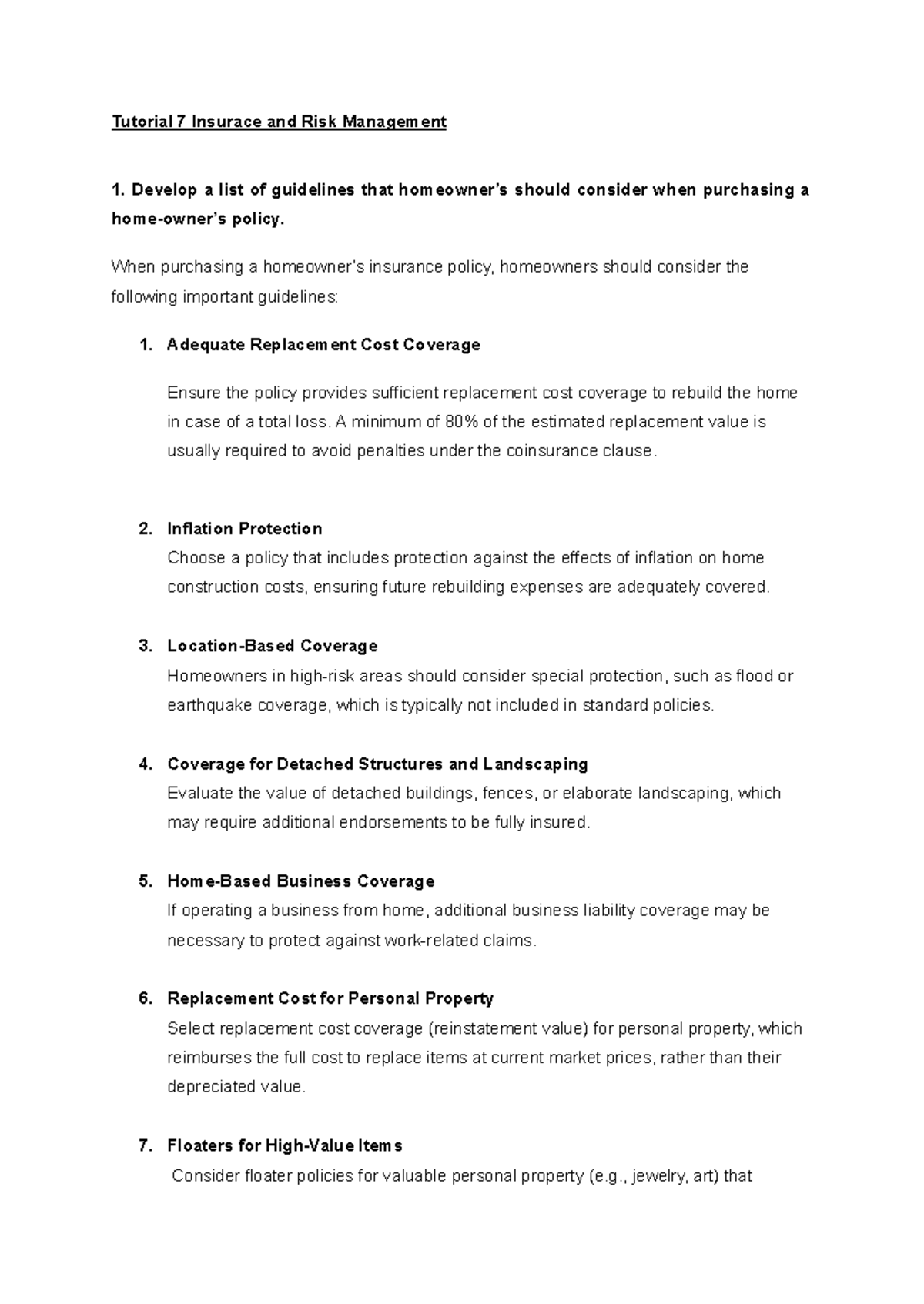 PFP Tutorial 7 - Guidelines for Insurance & Risk Management - Studocu