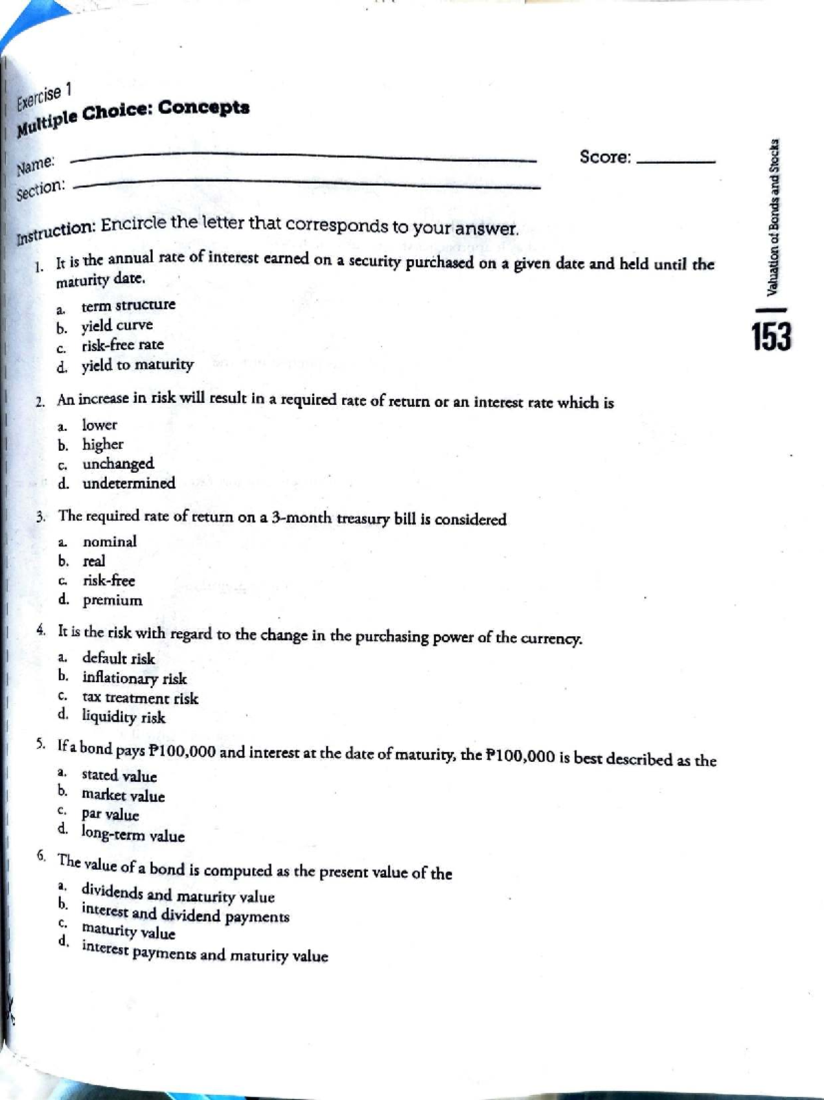 Exercise 1 & 2: Multiple Choice Questions on Financial Management I ...