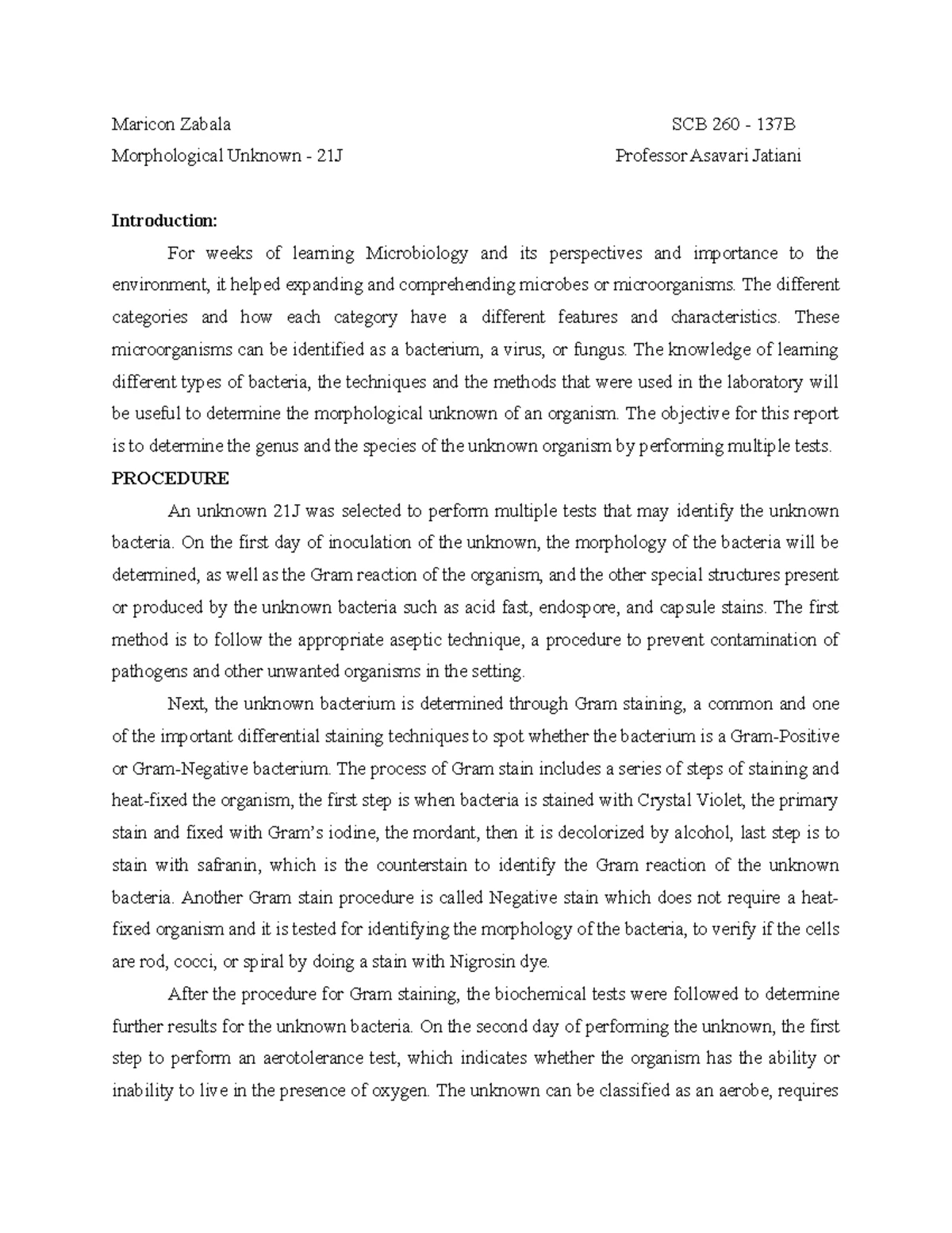 Microbio Unknown Report - Unknown Laboratory Report - Serratia ...