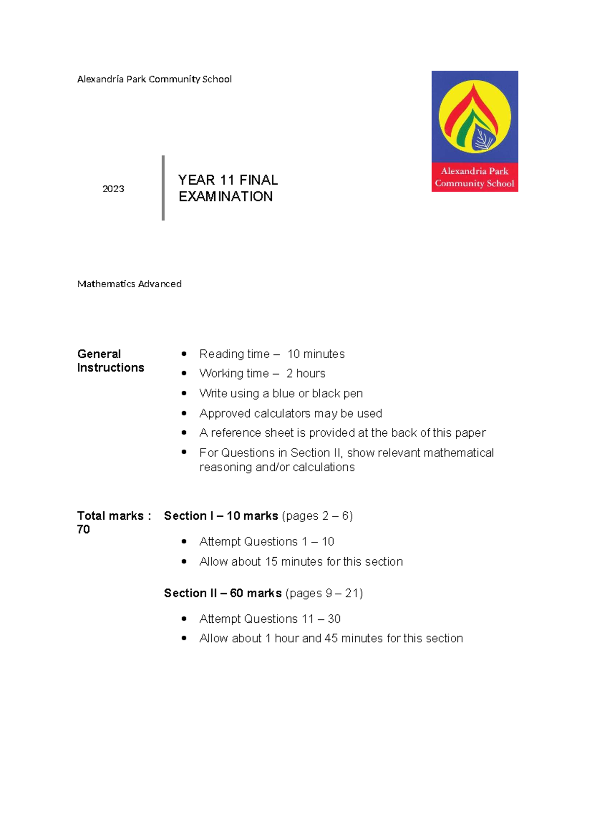Y11 Mathematics Advanced Final Exam 2023 - Alexandria Park School - Studocu