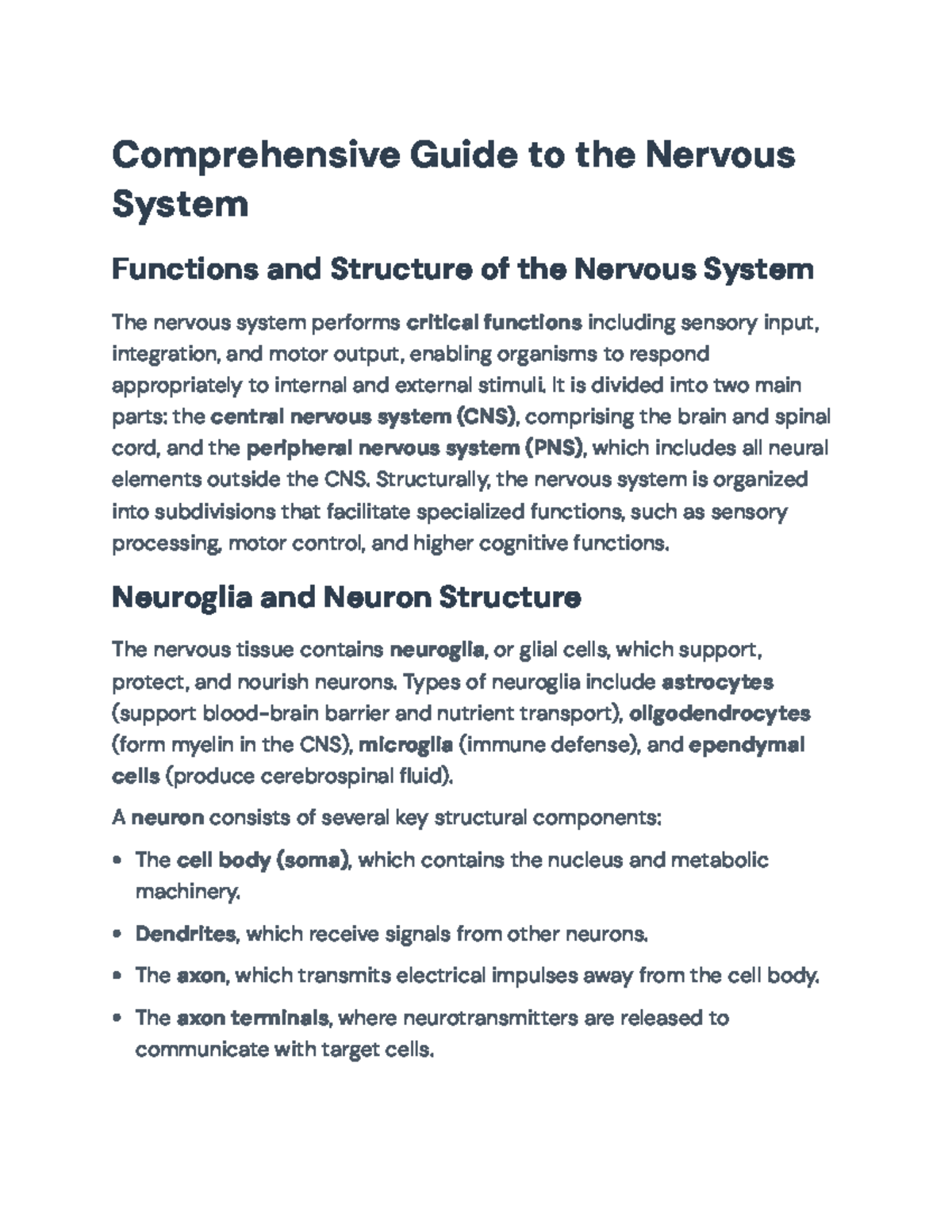 Comprehensive Overview of Nervous System Functions (CNS/PNS) - Studocu