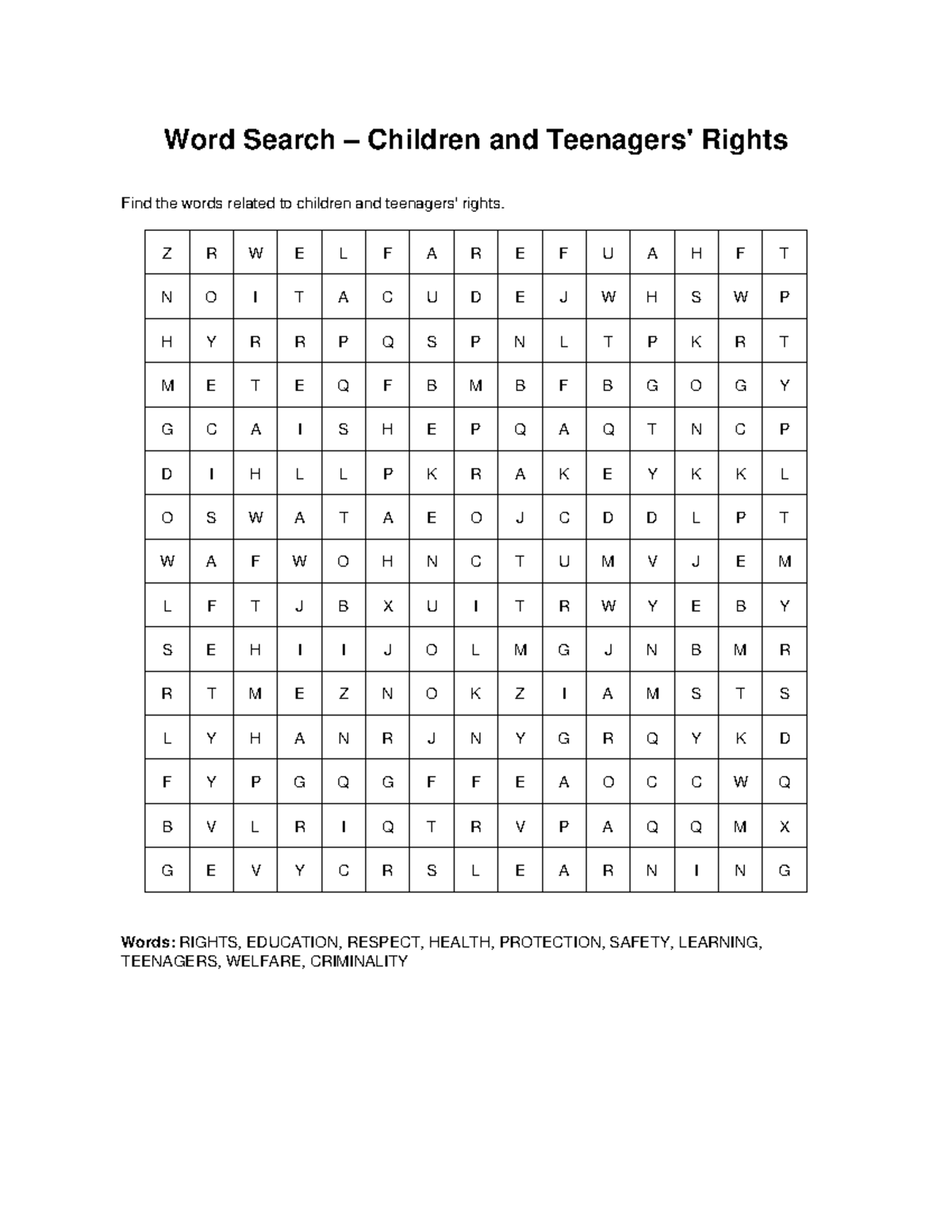 Word Search: Children & Rights Vocabulary Puzzle - Studocu