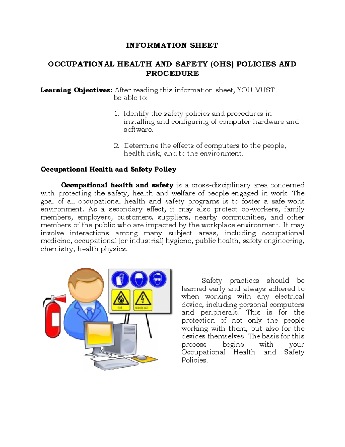OHS Policies & Procedures: Safety in Computer Hardware Setup - Studocu