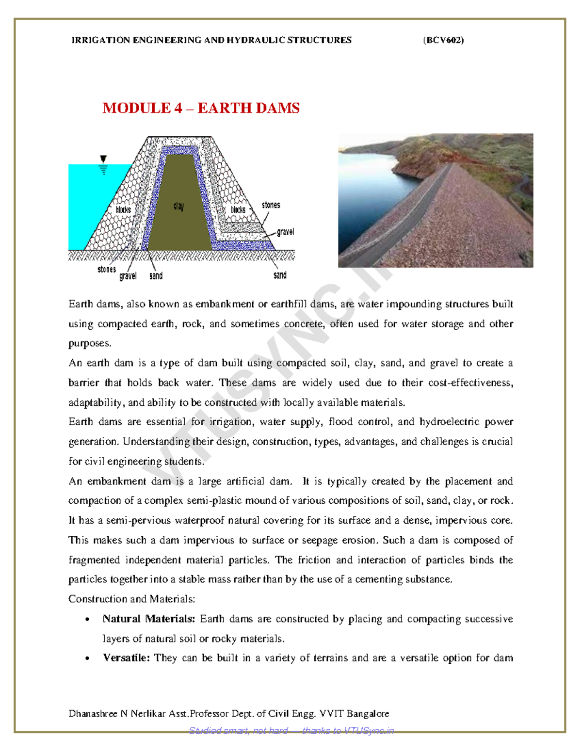 BCV602 - Module 4: Comprehensive Notes on Earth Dams in Irrigation ...