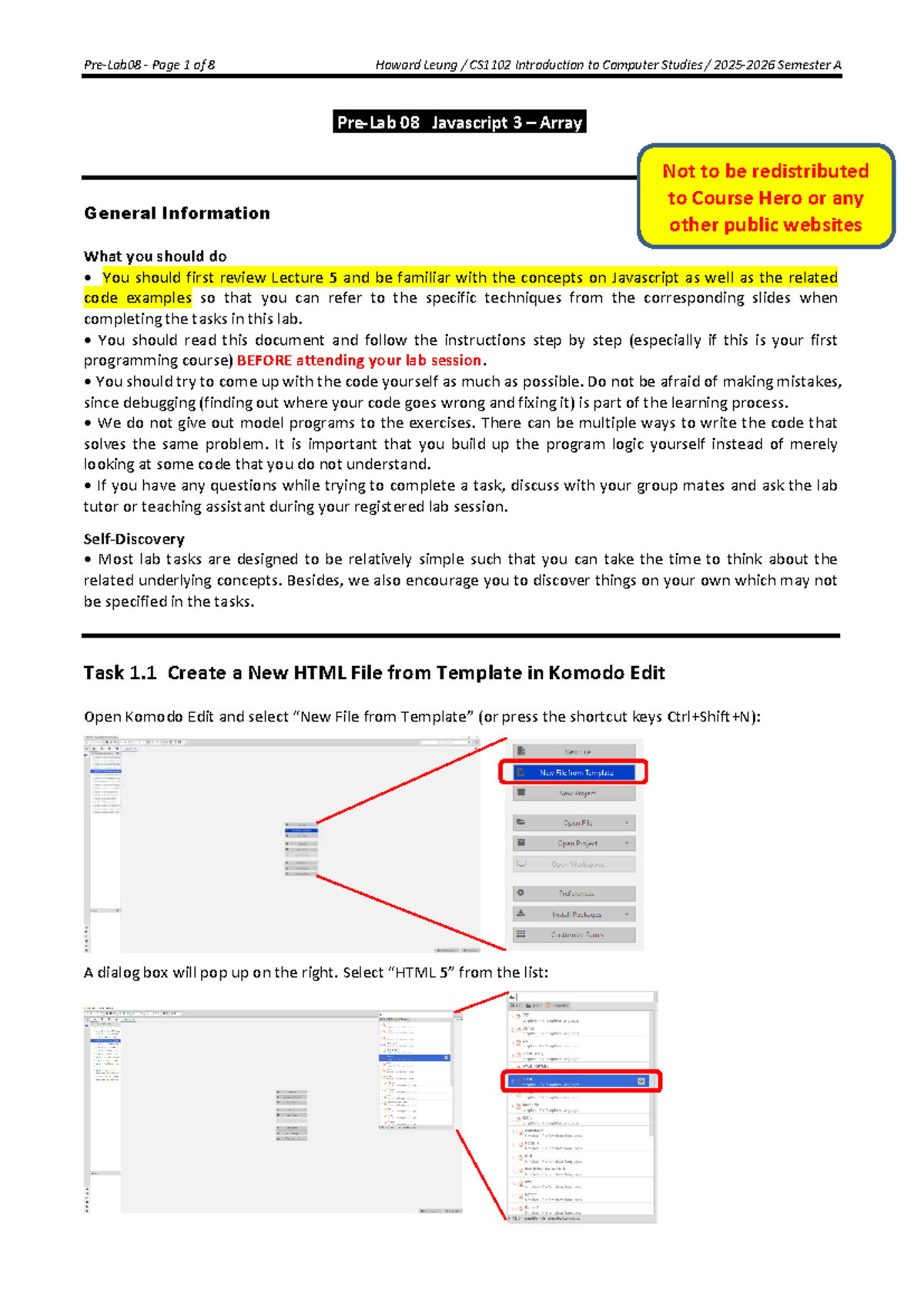CS1102 Lab 08: Pre-Lab Materials for JavaScript Arrays - Studocu