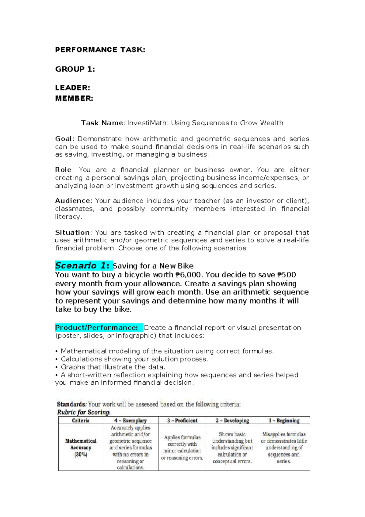 Genmath Performance Task: InvestiMath on Sequences & Wealth - Studocu