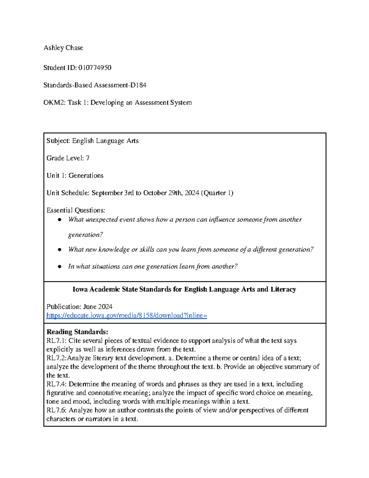 Task 1 Developing an Assessment System - Ashley Chase Student ID ...