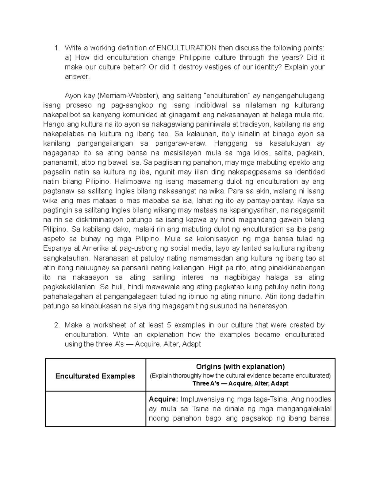 Z38 QUIZ NO. 3: Understanding Enculturation and Its Impact on Filipino ...