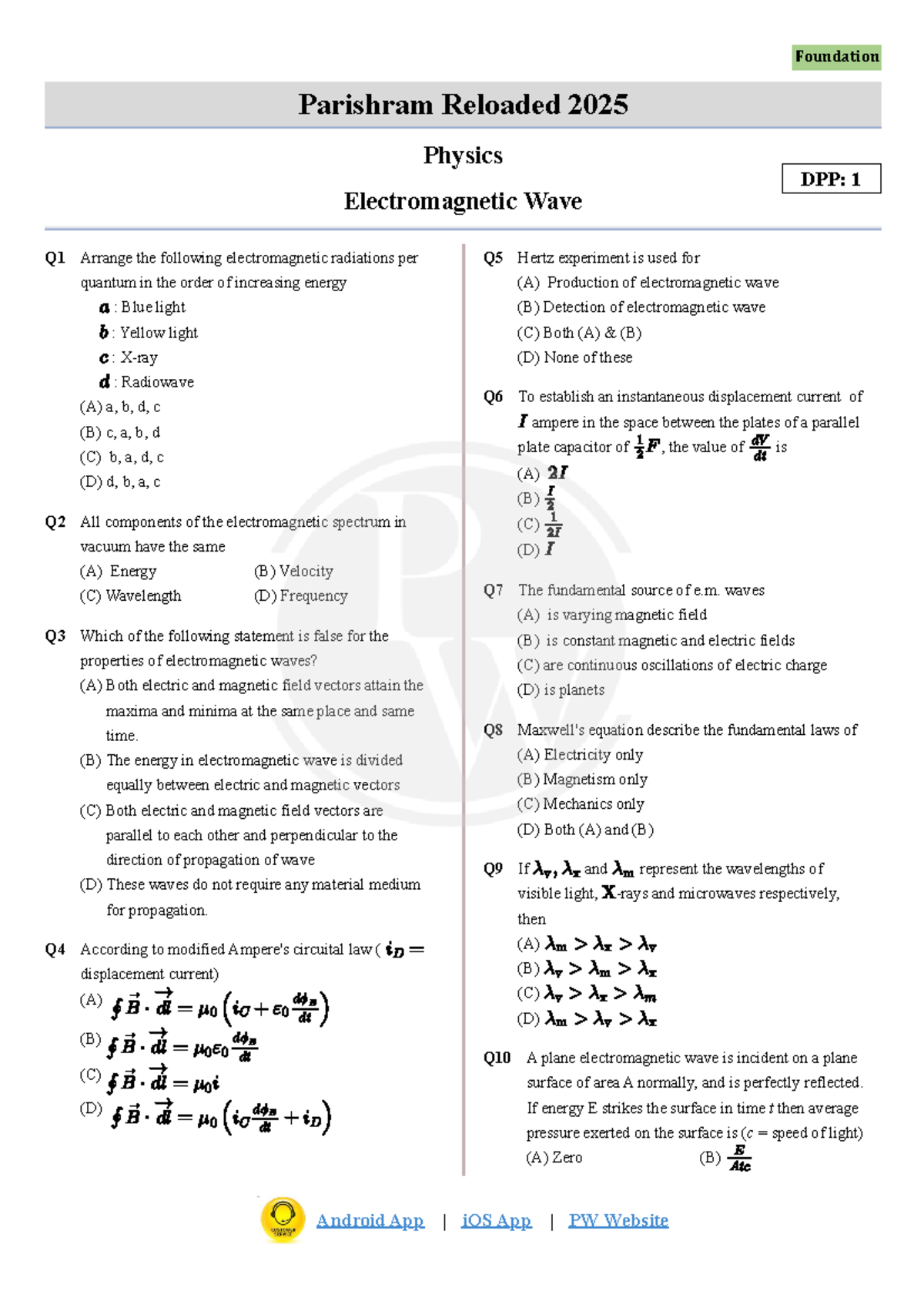 Electromagnetic Waves DPP 01 Parishram Reloaded 2025 - Foundation ...