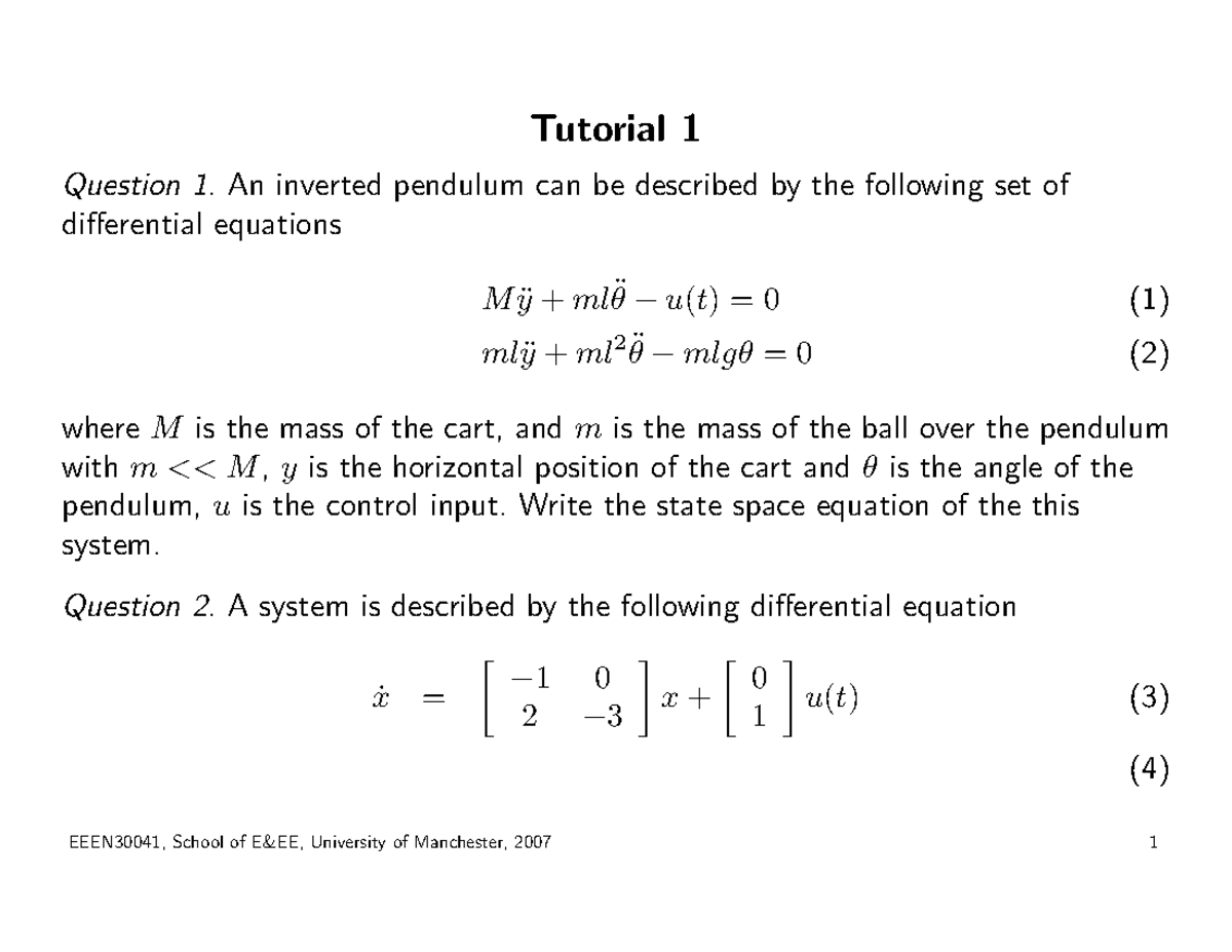 Tutorial 1 - DES: Inverted Pendulum & State Space Analysis - Studocu