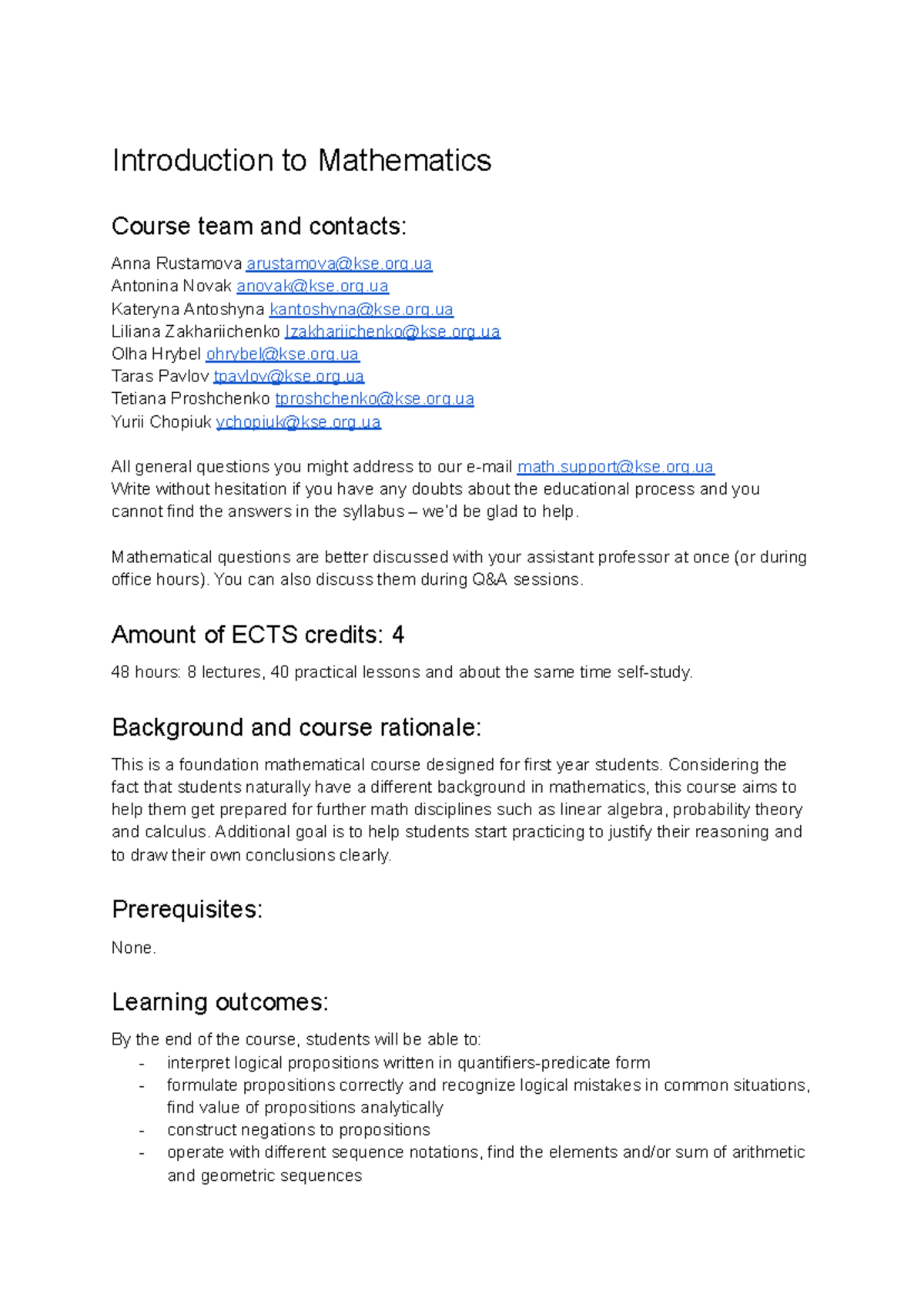 Introduction to Mathematics Syllabus (MATH101) - Studocu