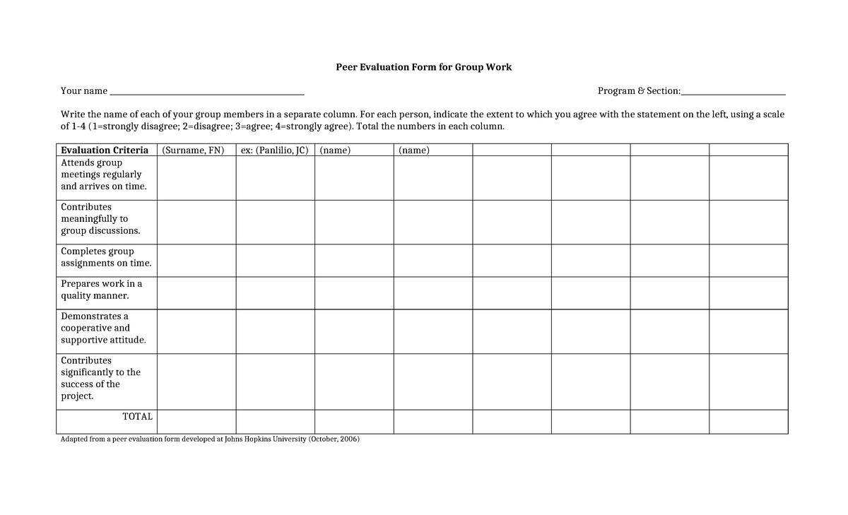 Peer evaluation form 1 1 2 - Peer Evaluation Form for Group Work Your ...