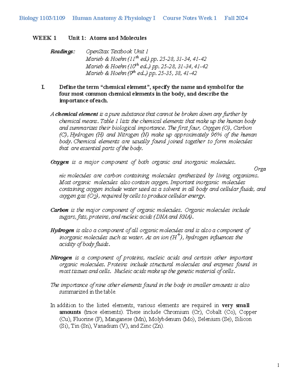 1103-1109 Course Notes - Biology 1103 1109 Human Anatomy & Physiology I 