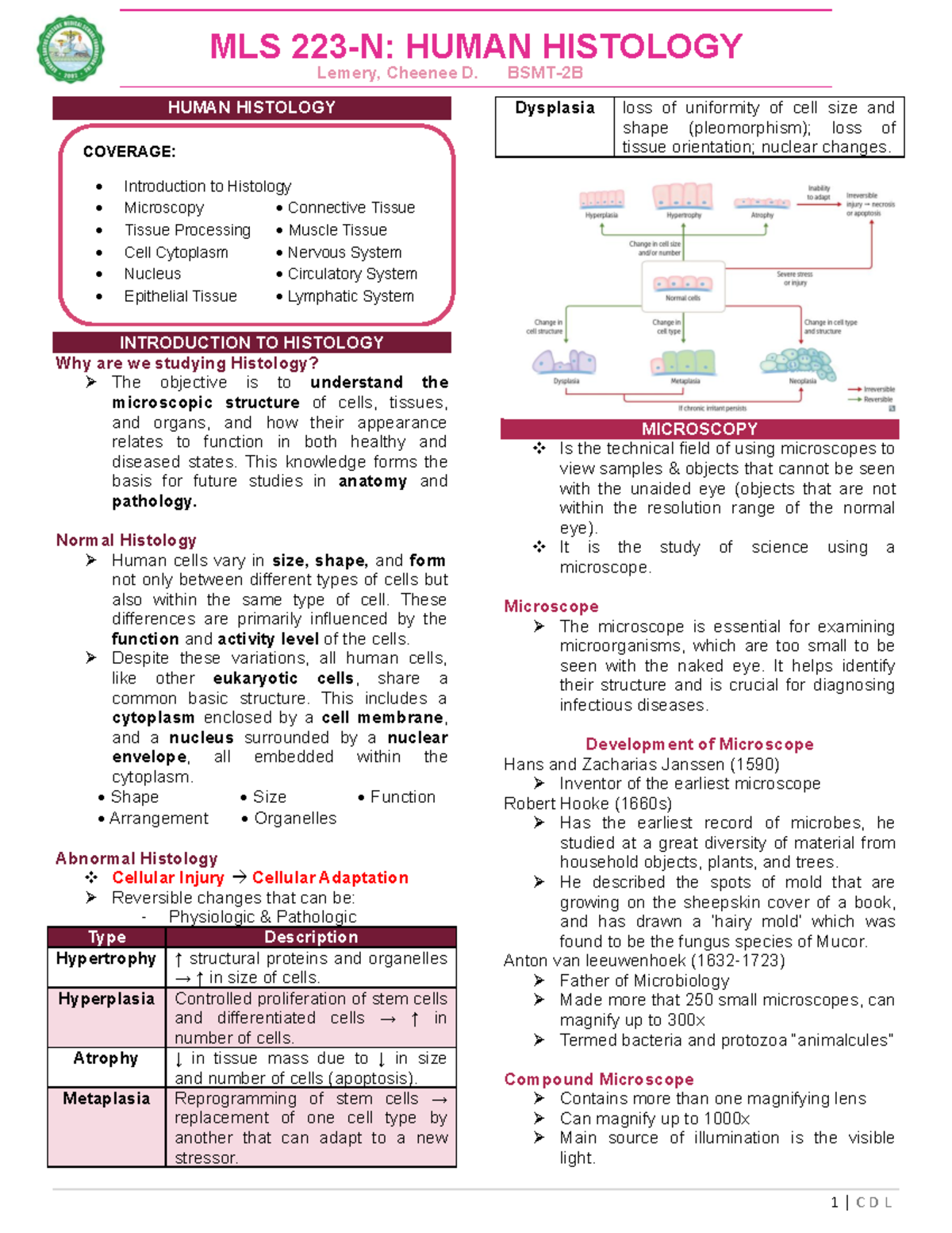 MLS HUMAN HISTOLOGY Final Exam Study Guide: Key Concepts and Structures ...