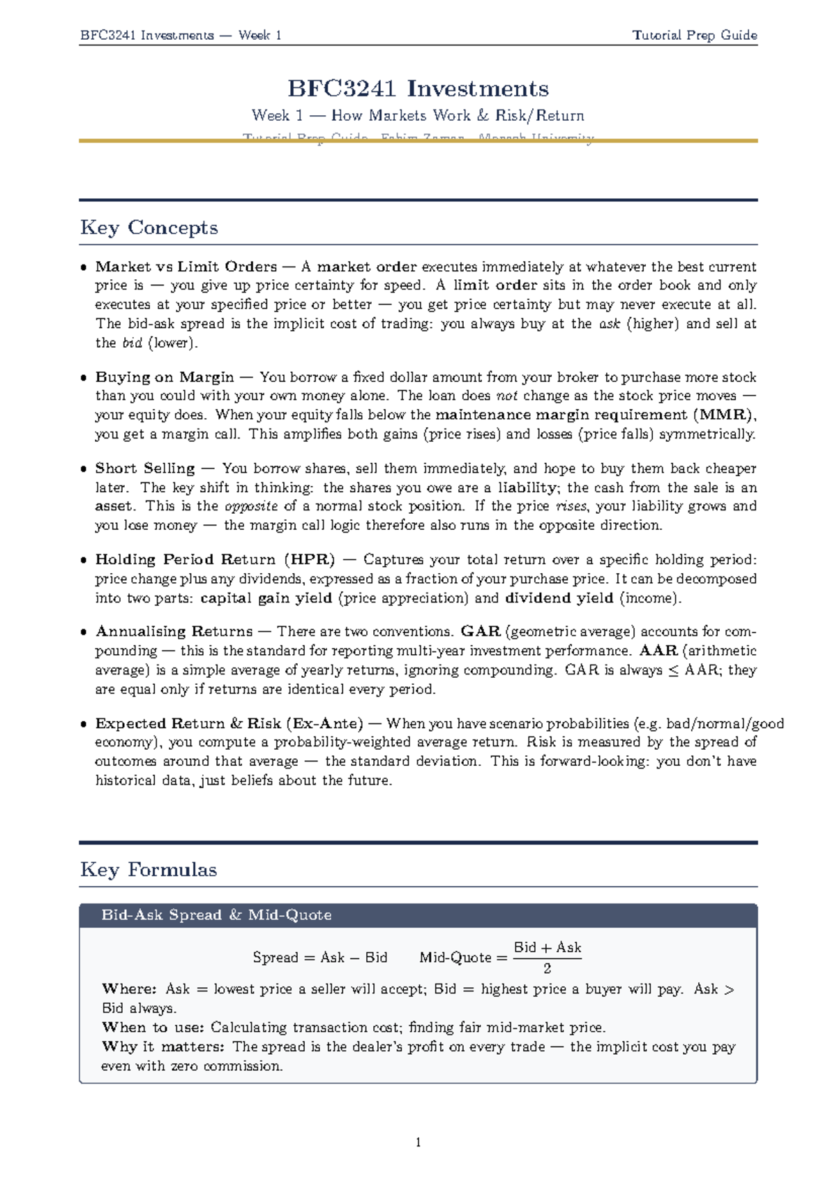 BFC3241 Investments Week 1 Tutorial Prep & Key Concepts Guide - Studocu