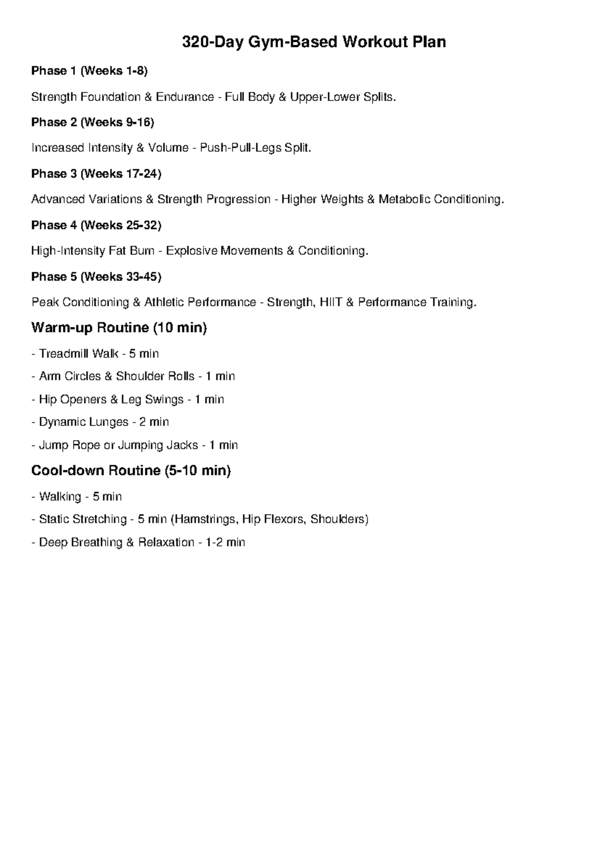 320 Day Gym Workout Plan - 320-Day Gym-Based Workout Plan Phase 1 ...