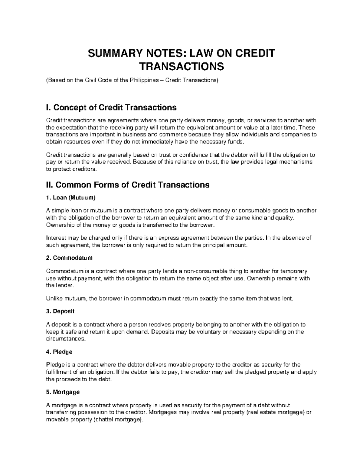 SUMMARY NOTES: LAW ON CREDIT TRANSACTIONS (CIVIL CODE PH) - Studocu