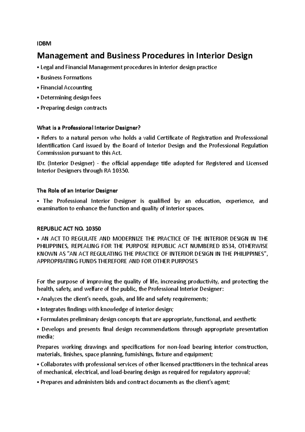 IDBM Notes - Interior Design Business Management - IDBM Management and ...