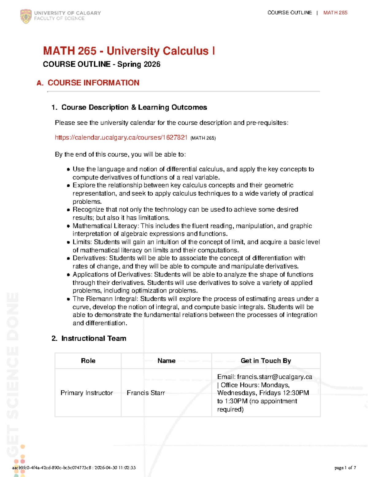 MATH 265 Spring 2026 Course Outline: University Calculus I - Studocu