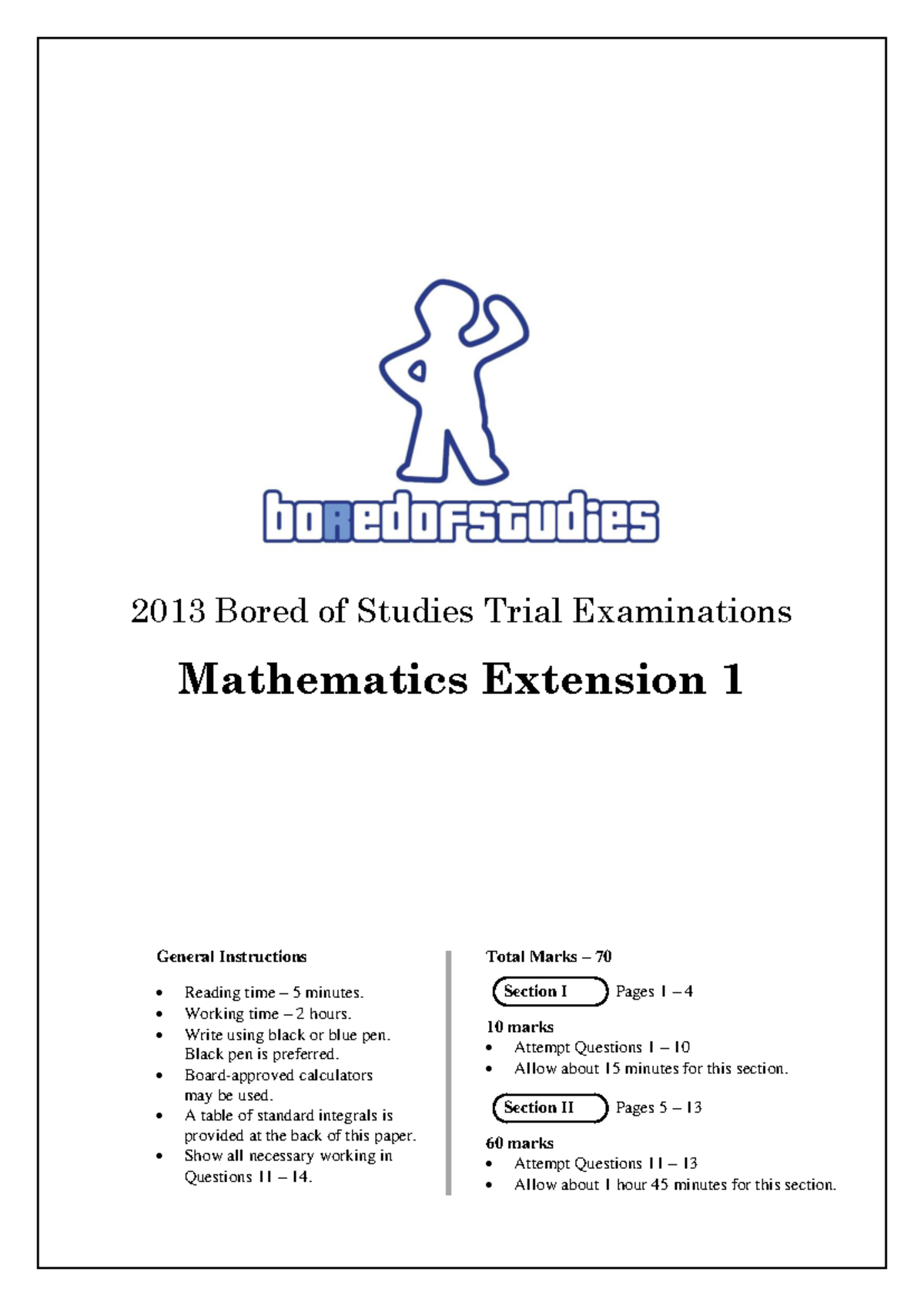 2013 BoS Math Ext 1 Trial Exam Papers and Solutions - Studocu